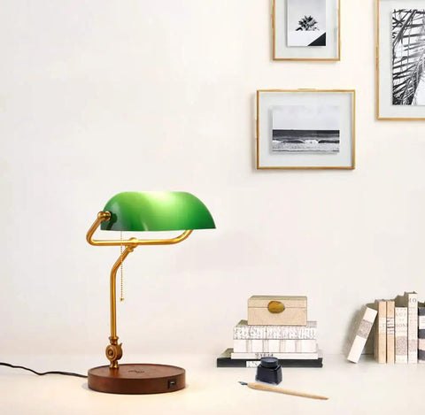 Rope Switch Retro Table Lamp With USB Charging Ports Green Glass Shade Vintage Style Desk Light in living room setting
