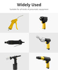 Grip And Go Hybrid Air Hose 3/8 Inch X 25 Feet With Quick Connect Fittings shown with various pneumatic tools for diverse tasks.