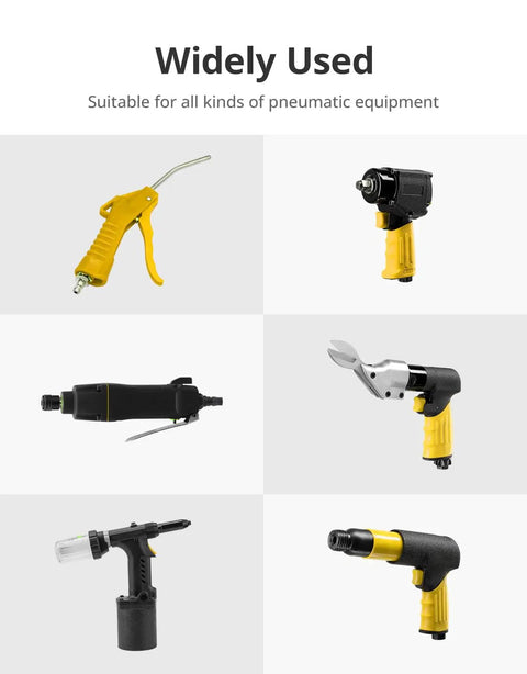 Grip And Go Hybrid Air Hose 3/8 Inch X 25 Feet With Quick Connect Fittings shown with various pneumatic tools for diverse tasks.