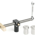 Rock Solid Adjustable Woodworking Workbench Vise And Zero Play Clamping Fixture For 20mm Bench Holes showing aluminum clamp and components.