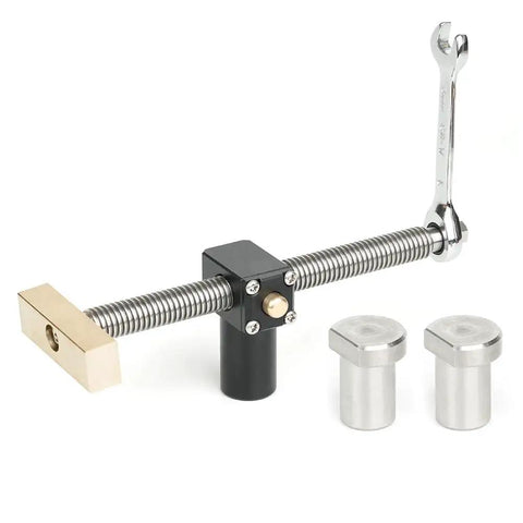 Rock Solid Adjustable Woodworking Workbench Vise And Zero Play Clamping Fixture For 20mm Bench Holes showing aluminum clamp and components.