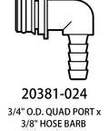 Line drawing of Detoria 20381-024 quad-port elbow fitting with 3/8 in hose barb, 90-degree elbow for quad water system.