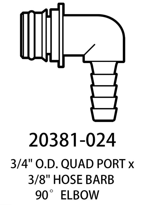 Line drawing of Detoria 20381-024 quad-port elbow fitting with 3/8 in hose barb, 90-degree elbow for quad water system.