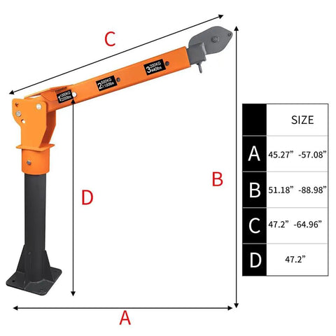 Heavy Duty Folding Hoist Truck For 2200lb Lift 110V Electric Jib Crane With 1320lb Pull Power, Painted Steel Orange, size dimensions