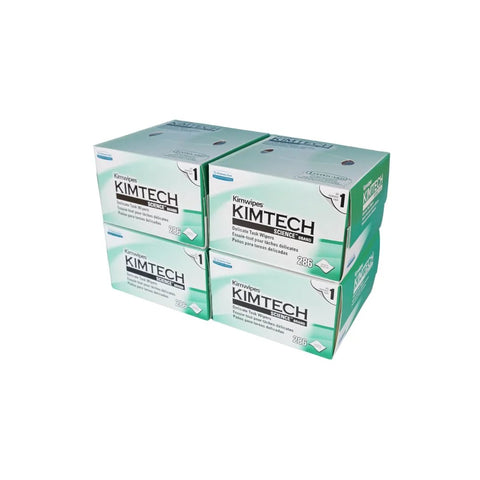 Four green-and-white Kimtech KimWipes Delicate Task Wipers boxes, 286 sheets per box.