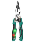 Heavy Duty Multifunction Wire Stripper And Electrical Crimper With Voltage Meter Rustproof Steel Frame Ergonomic Rubber Handles angle view showing dual functions and LED voltage display.