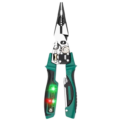 Heavy Duty Multifunction Wire Stripper And Electrical Crimper With Voltage Meter Rustproof Steel Frame Ergonomic Rubber Handles angle view showing dual functions and LED voltage display.