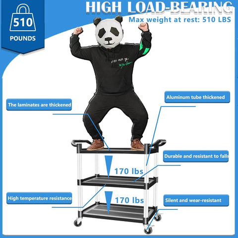 Person standing on Heavy Duty 510 Lb Capacity Utility Cart With Locking Wheels AQNIEGEP, showcasing strength and durability