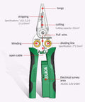 Illustrated diagram of 8 In 1 Wire Stripping Pliers With Built In Voltage Tester 12V To 250V Cable Scissors detailing functions