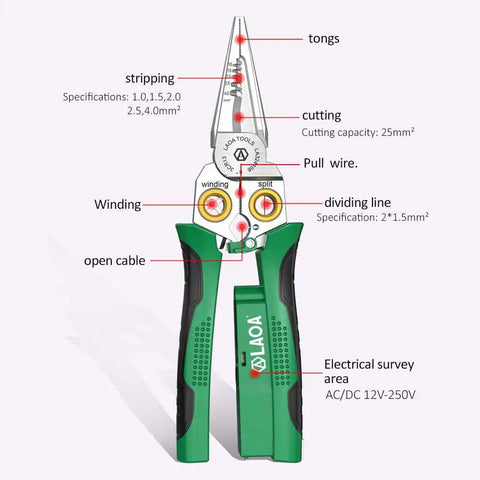 Illustrated diagram of 8 In 1 Wire Stripping Pliers With Built In Voltage Tester 12V To 250V Cable Scissors detailing functions
