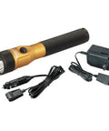 Orange Flashlight Built Tough For Work, Home, And Outdoors with charger and cords visible.