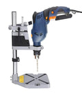 Knock Out Precise Holes Like A Pro With This Bench Drill Press Stand Featuring Portable Guide And Universal Quick Clamp Workbench For Heavy Duty Shop Projects displayed with a power drill and sturdy base.