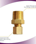 Brass ice-maker water line fitting, 3/8 NPT male to 1/4 compression, hex nut, close-up, 5-pack