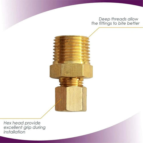 Brass ice-maker water line fitting, 3/8 NPT male to 1/4 compression, hex nut, close-up, 5-pack