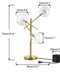 Modern Gold Table Lamp With 3 Light Glass Globe Bulbs, Antique Brass Finish, Mid Century Bubble Shade, dimensions displayed.