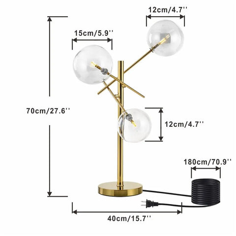 Modern Gold Table Lamp With 3 Light Glass Globe Bulbs, Antique Brass Finish, Mid Century Bubble Shade, dimensions displayed.