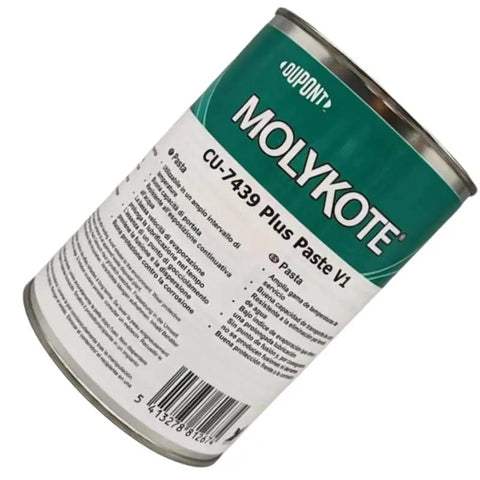 Front view of CU-7439 Molykote plus paste can, labeled for copper-based anti-seize use on high-temperature threads up to 650°C.