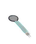 Round black FSR sensor disc on blue flexible PCB with two metal leads for Arduino DIY
