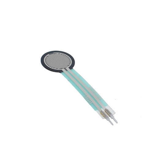 Round black FSR sensor disc on blue flexible PCB with two metal leads for Arduino DIY