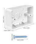 Five Piece Surface Mount Outlet Boxes With No Sweat Setup And Ultra Slim Single Gang Build For Quick Indoor Wall Upgrades In Kitchen Garage Or Cabinet Areas Includes Matching Screws For Rock Solid Plastic Receptacle Mounting, showing dimensions and screw.