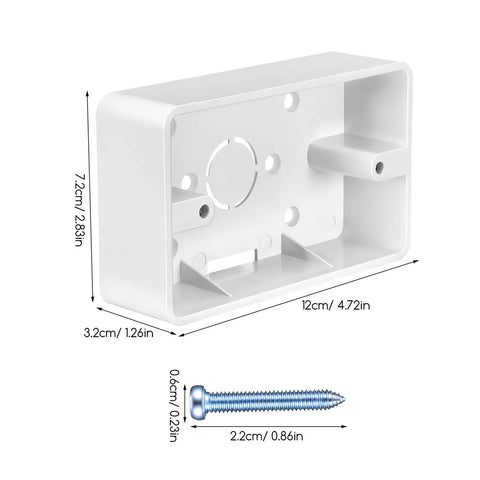 Five Piece Surface Mount Outlet Boxes With No Sweat Setup And Ultra Slim Single Gang Build For Quick Indoor Wall Upgrades In Kitchen Garage Or Cabinet Areas Includes Matching Screws For Rock Solid Plastic Receptacle Mounting, showing dimensions and screw.