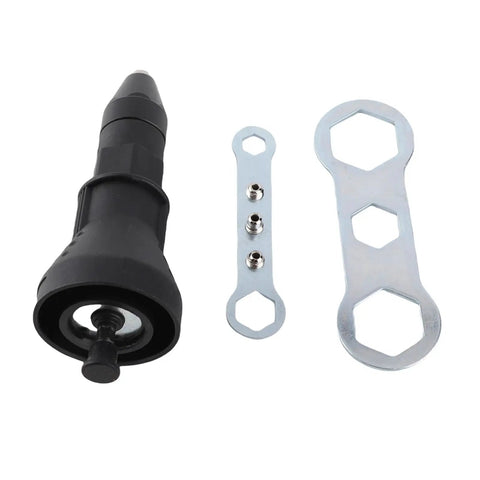 Super Easy Electric Rivet Adapter For Power Drills Fits 2 Point Four To Four Point Eight Mm Rivets With Heads Great For Car And Door Windows Build Outs Save Big Time On Labor With This Sick Three Claw Design Tool That Gets It Done Fast. black drill mounted rivet adapter with two metal wrenches