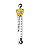 Top Tier Smooth Operator 10 Ton Manual Chain Hoist With Tough Sling Hook and Quick Turn Pulley, yellow hook and steel chains.