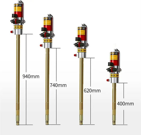 Big Rig Ready Pneumatic Grease Gun Air Powered Lubricator 50 To 1 Pressure Ratio 30 To 40 MPa with varying heights displayed.
