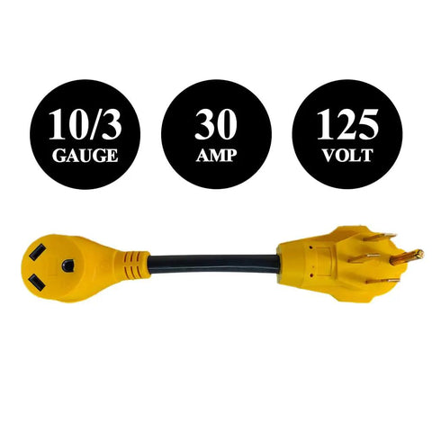 RV Power Adapter 50 Amp Male To 30 Amp Female Cable 12 Inch 10 3 STW NEMA 14 50P To TT 30R 30 Amp Receptacle 125V 3750W For Travel Trailers Campers Durable shown with 10/3 gauge, 30 amp, 125 volt specifications displayed.