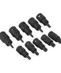 Rock Solid 10PC Socket Adapter Set With 1/2 Inch Drive Bit Holder Featuring T20 To T70 Star Head Screwdriver Bits Made From Heavy Duty Chrome Vanadium Steel For All Your Tough Jobs And Serious DIY Repairs This Kit Is A Total Game Changer For Any Garage. 10-piece black socket adapter set, angled view