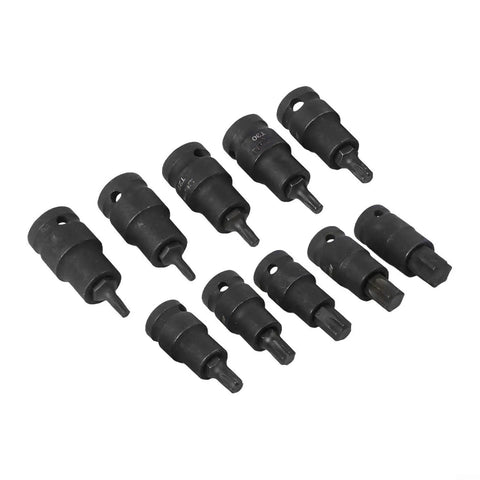 Rock Solid 10PC Socket Adapter Set With 1/2 Inch Drive Bit Holder Featuring T20 To T70 Star Head Screwdriver Bits Made From Heavy Duty Chrome Vanadium Steel For All Your Tough Jobs And Serious DIY Repairs This Kit Is A Total Game Changer For Any Garage. 10-piece black socket adapter set, angled view