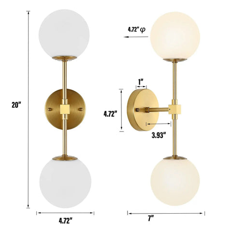 Modern Wall Sconce 2 Light Industrial Mid Century Vanity Light With White Globe Glass Shade Brushed Brass Gold Finish For Bathroom Or Hallway Sleek Home Decor That Pops, with dimensions