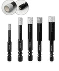 Top Shelf Diamond Drill Bit Set With Hex Shank And Carbide Pilot Bit For Dry Or Wet Use On Tile Marble Granite Glass And Stone. Five hex shank bits in various sizes.