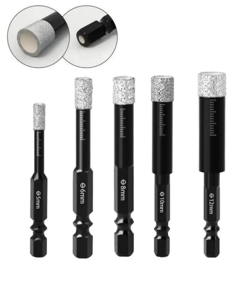 Top Shelf Diamond Drill Bit Set With Hex Shank And Carbide Pilot Bit For Dry Or Wet Use On Tile Marble Granite Glass And Stone. Five hex shank bits in various sizes.