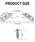 Product dimensions of 30 Pcs Corner Brackets for Wood and Metal Right Angle Braces with Screws, shown with measurements in mm/inches.