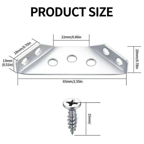 Product dimensions of 30 Pcs Corner Brackets for Wood and Metal Right Angle Braces with Screws, shown with measurements in mm/inches.