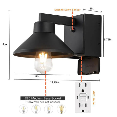 Outdoor Wall Sconce With Built In GFCI Outlets No Fuss Waterproof Aluminum Exterior Lighting For Porch Patio Front Yard Black