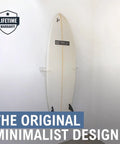 Heavy Duty Vertical Surfboard Wall Mount Rack Made From Crystal Clear Acrylic displays a surfboard against a white wall.