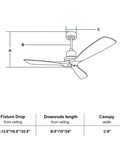 Diagram of 52-Inch Wood Blade Ceiling Fan With No Light Reversible DC Motor Modern Farmhouse Style With dimensions labeled A, B, C.