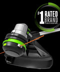 Power+ 15-Inch Cordless Weed Trimmer with Powerload technology and green accents, showcasing a durable design for easy line feeding.