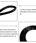 Coiled black tubing with text about silicone tubing benefits and usage, Half Inch ID To Three Quarter Inch OD Heavy Duty Food Grade Silicone Tubing For High Temp Use Vacuum Air Water Transfer Hose FDA Compliant USDA Approved 3.28 Ft Length