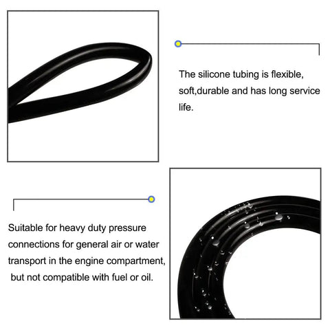 Coiled black tubing with text about silicone tubing benefits and usage, Half Inch ID To Three Quarter Inch OD Heavy Duty Food Grade Silicone Tubing For High Temp Use Vacuum Air Water Transfer Hose FDA Compliant USDA Approved 3.28 Ft Length