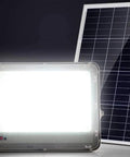 Badass Solar Led Flood Light With Advanced Motion Sensor IP66 Waterproof Outdoor Security Fixture Tough As Nails Die Cast Aluminum Build For Fences And Patios Super Bright Daylight White with solar panel.