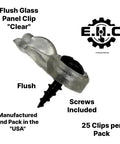 High Grade Glass Cabinet Panel Retainer Clips With Screw Kit 25 Piece Flex Offset Snap Lock showing transparent clip and screw.