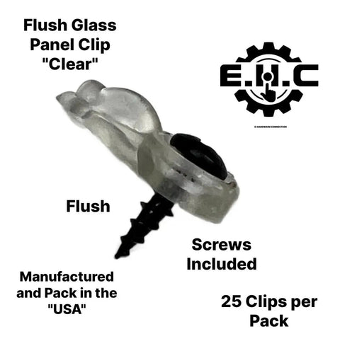 High Grade Glass Cabinet Panel Retainer Clips With Screw Kit 25 Piece Flex Offset Snap Lock showing transparent clip and screw.