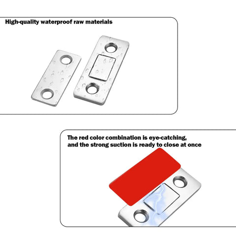 Image of 20 Pack Ultra Thin Magnetic Cabinet Door Catches With Double Sided Tape And Screws showing metal plate with red adhesive.