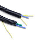 Close-up of black corrugated wire loom with internal colored wires for Spiral Wrap Cable Tube 7.5mm To 25mm 5M PP Insulated Split Wire Loom Protection Sleeve For Auto Wiring Harness Threading Orange Open Built Tough For Automotive Electrical And Industrial Cables.