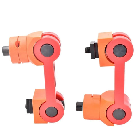 Shop Ready Universal Adjustable Workpiece Stop Positioner For Lathe And Milling Machine Precision Locator Fixture M16 Heavy Hitter No Fuss Locking Tool Jig, red and orange tool jigs shown from the front.