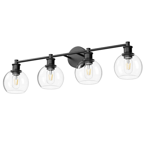 Four Light Matte Black Industrial Vanity Light Fixture Over Mirror With Clear Glass Globes, Farmhouse Bath Light, front view.