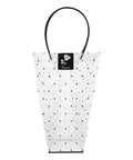 Plastic rose packaging bag with polka dots, featuring handle for easy carry and display. Flower Bouquet Wrap Bag With Handle For Easy Carry And Display.